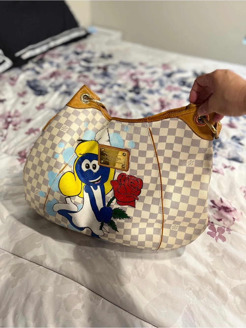 Auth LV Designer-Inspired Cream Checkered Shoulder Bag custom Smurfette Artwork - Picture 1 of 5